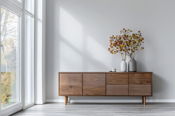 Elegant modern sideboard next to a window in an interior home decor composition.