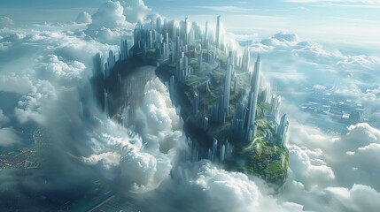 tall island middle clouds flying city riven league legends krypton cubes gently caressing earth liminal space heavens lofty spiral