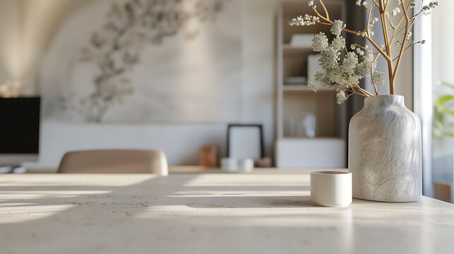 A close-up of a designer office space with clean lines, featuring a sleek desk and minimal decor in a neutral palette