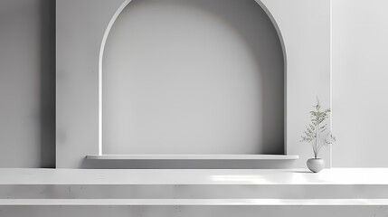 Minimalist white interior features an arch niche with a small vase holding delicate flowers on a clean, white ledge.