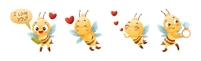 Cute Bee Character with Striped Yellow Body and Wings Engaged in Different Activity Vector Set