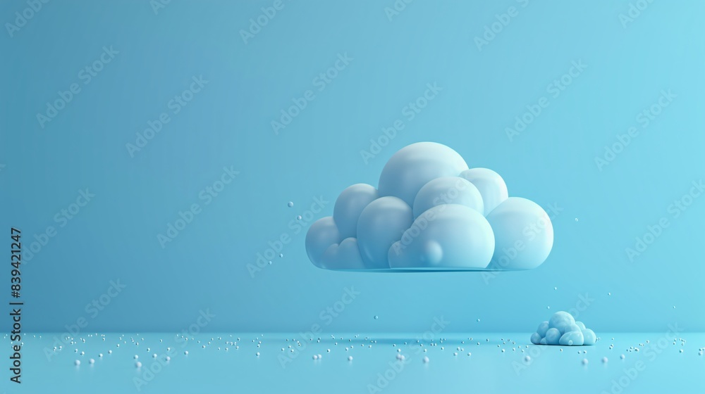Poster minimalistic blue cloud sculpture with abstract bubbles floating in a serene, clean, and simple back