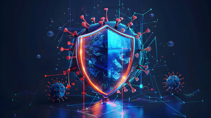 2D Vector: Antivirus Shield with Virus Symbol   Illustration Emphasizing Cyber Security Role of Antivirus Software