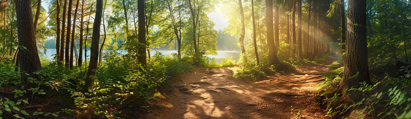 Fototapeta premium Serene Forest Trail with Lake View - Natural Landscape Photography