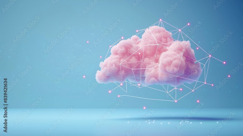 Poster pink cloud with a network of connected points, symbolizing data cloud computing and technology on a 