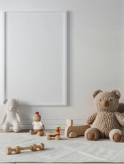 A white frame with a teddy bear and a toy car in front of it