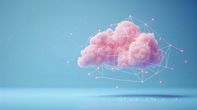 Pink cloud with a network of connected points, symbolizing data cloud computing and technology on a blue background. 3D Illustration.