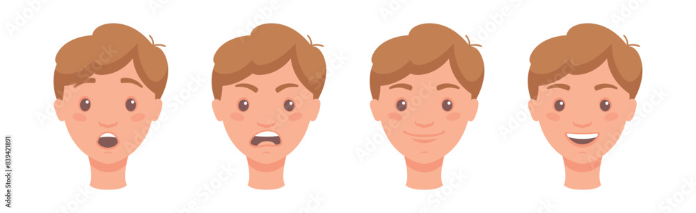 Aufkleber man head showing face expression and emotion front vector set