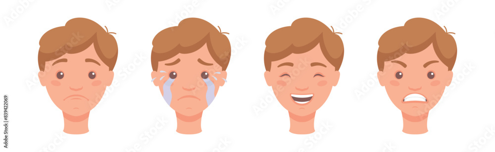 Aufkleber man head showing face expression and emotion front vector set