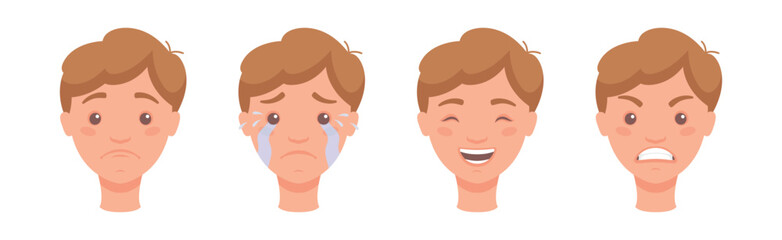 Man Head Showing Face Expression and Emotion Front Vector Set