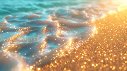 Sparkling sea and golden sand illusion. Captivating close-up of abstract ocean waves meeting sunlit shoreline. 