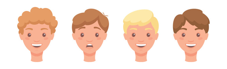 Man Head Showing Face Expression and Emotion Front Vector Set