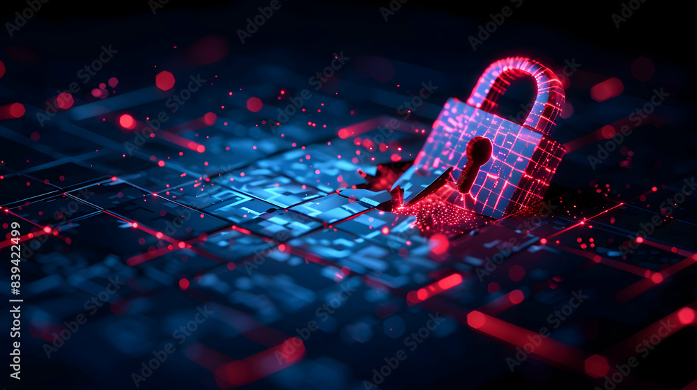 Poster 2d vector: data breach icon with broken lock and shield illustration emphasizing cyber security cons