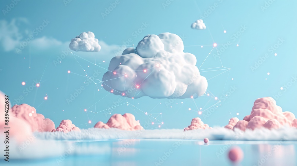 Poster surreal digital artwork featuring fluffy clouds and abstract geometric patterns against a soft blue 