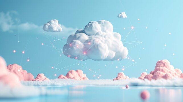 Surreal digital artwork featuring fluffy clouds and abstract geometric patterns against a soft blue sky background, symbolizing connectivity and technology. 3D Illustration.