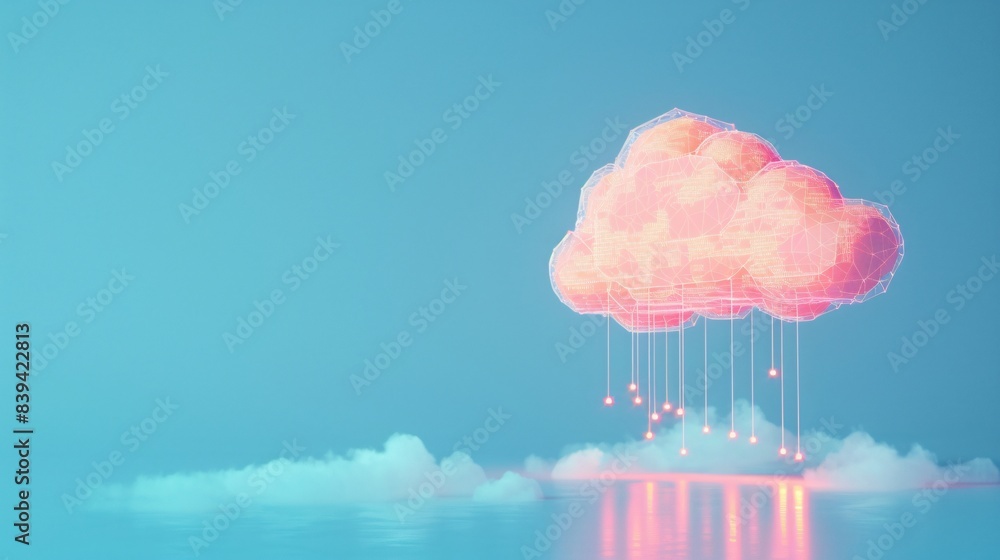 Poster surreal digital cloud hovering in a blue sky, emitting glowing rain, symbolizing cloud computing and