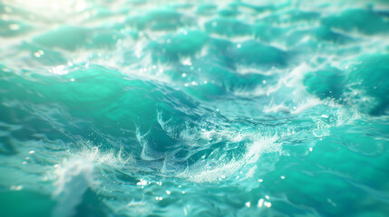 Vibrant turquoise waves ripple in motion. Close-up of emerald dynamic ocean surface under bright sunlight. 