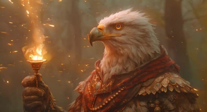 A eagle dressed in a sophisticated mafia ensemble casually holding a cigar while examining a holographic star map