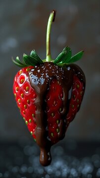 chocolate covered strawberry green sprinkles top wet skin perfect kiss berry juice drips bite black fork enjoyable gravity craving cone mind blowing boody angle bar