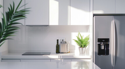 A minimalist kitchen with white cabinetry, stainless steel appliances, and a single plant as the only decoration