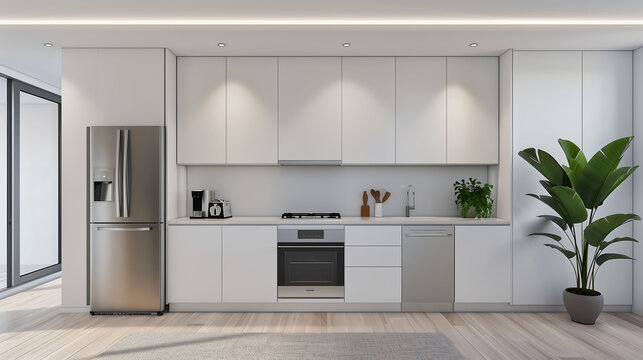 A minimalist kitchen with white cabinetry, stainless steel appliances, and a single plant as the only decoration