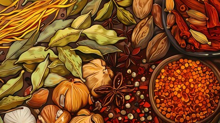 Fototapeta premium Exotic spices and herbs in a colorful and detailed composition