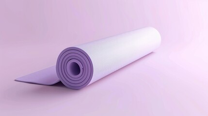 Clay style yoga mat rolled up, straight perspective, zen colors, solid lavender base