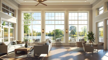 Fototapeta premium Modern Waterfront Senior Living Home with Lake Views and Serene Natural Light