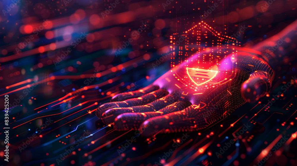 Poster secure transaction icon with hand and shield concept: vector illustration emphasizing online transac