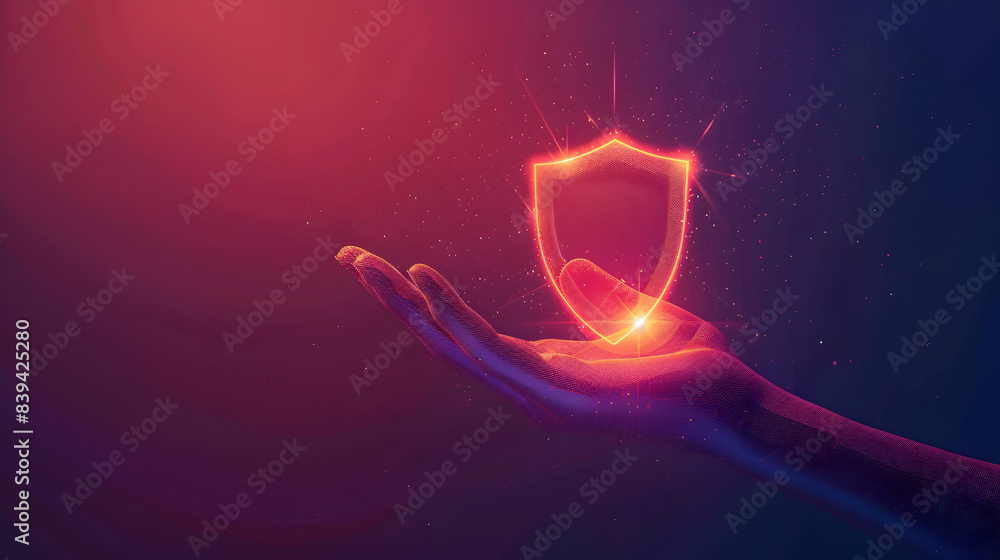 Poster secure transaction concept: 2d vector illustration of hand and shield emphasizing cyber security pro