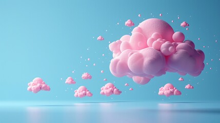 Surreal pink clouds floating in a serene blue sky, giving a dreamy and whimsical atmosphere. Perfect for fantasy or abstract themes. 3D Illustration.