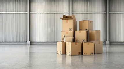 cardboard boxes against steel wall panels, highlighted by the stark contrast of a grey floor and blue ceiling, offering ample room for text or product display.