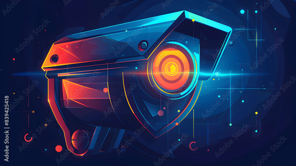 Poster surveillance and security: 2d vector of camera icon with shield and lens, emphasizing cyber security