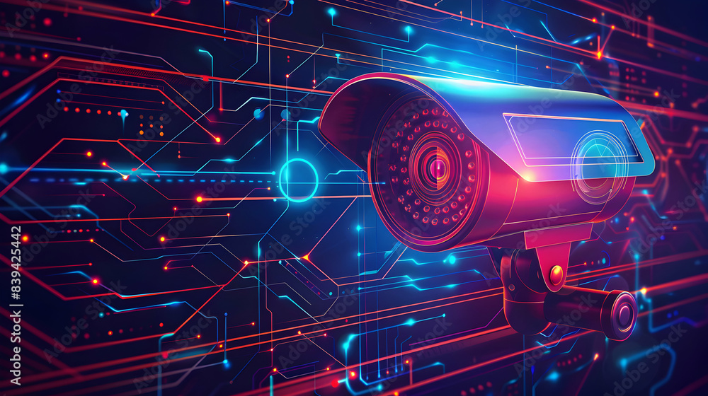 Poster 2d vector illustration: security camera icon with shield and camera lens for cyber security surveill