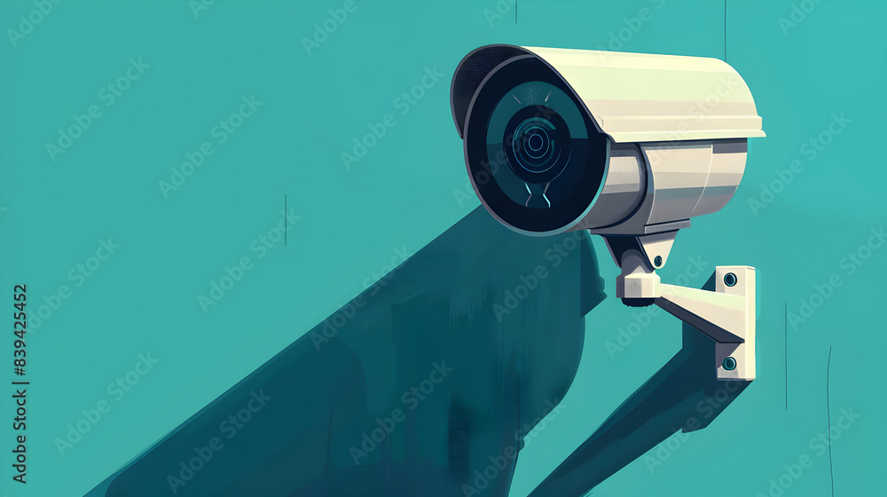 Poster 2d vector illustration: security camera icon with shield and lens emphasizing surveillance in cyber 