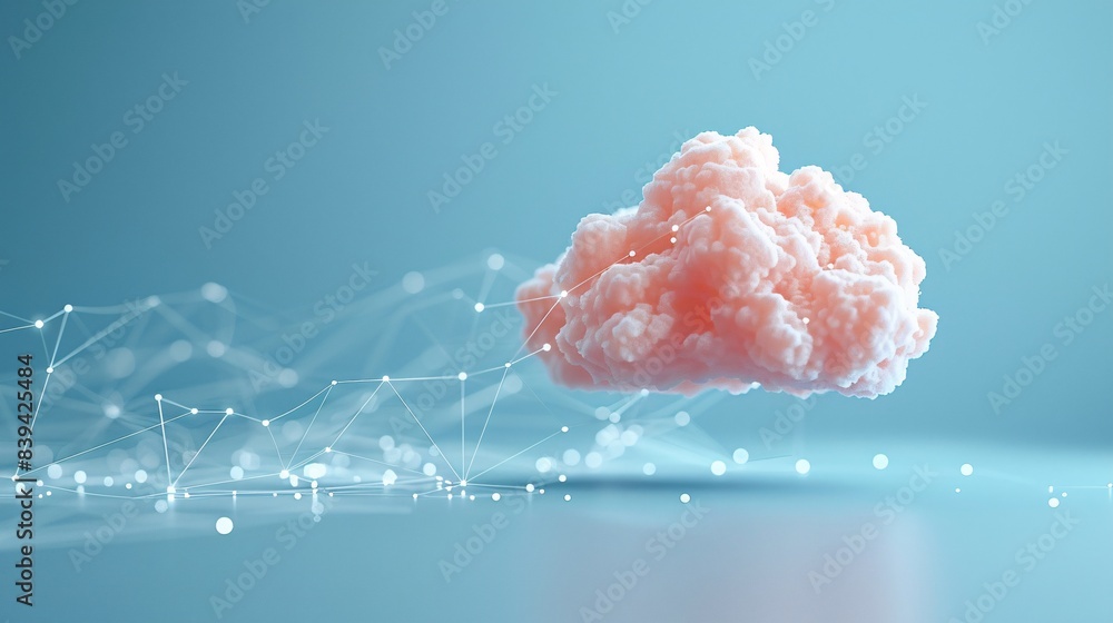 Poster surreal representation of a fluffy pink cloud hovering against a digital network background, symboli