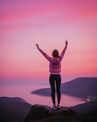 young woman hiker open arms on top of a mountain at sunrise. ai generative