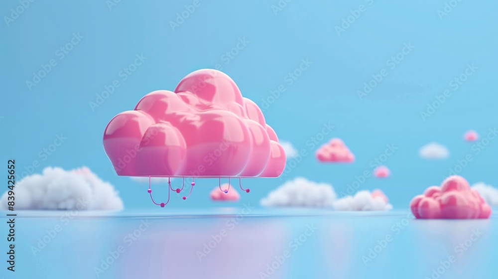 Poster surreal scene with floating pink clouds in a blue sky, creating a dreamy and whimsical atmosphere. p