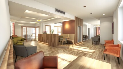 Bright and Airy Open Living Space for Seniors with Ergonomic Furniture and Non-Slip Floors