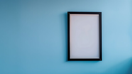 A simple black frame hanging on a solid, light blue wall, showcasing minimalist decor