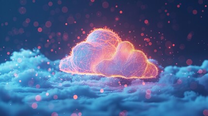 Naklejka premium Vibrant digital illustration of a glowing cloud with neon light effects, surrounded by a dreamy atmosphere, representing futuristic technology. 3D Illustration.