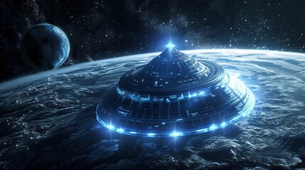 Glowing Blue Dome in the Dark A Futuristic Space Station.