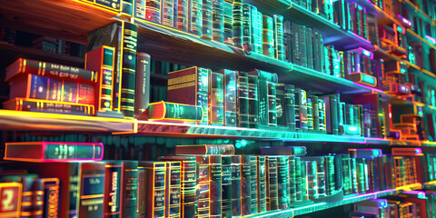 The Holo Lore Library: A holographic bookshelf overflowing with glowing titles