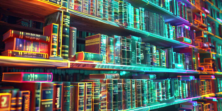 The Holo Lore Library: A holographic bookshelf overflowing with glowing titles