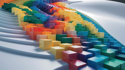 A stunning 3D render showcasing a collection of vibrant, multi-colored cubes. The cubes are arranged in a meticulously designed pattern, c
ascading down a smooth, white surface.