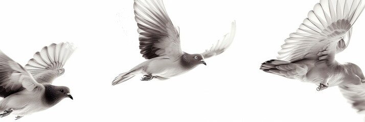 Several birds mid flight, isolated on a white background
