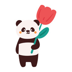 hand drawing cute cartoon panda with big tulip flower. cute animal drawing sticker, doodle