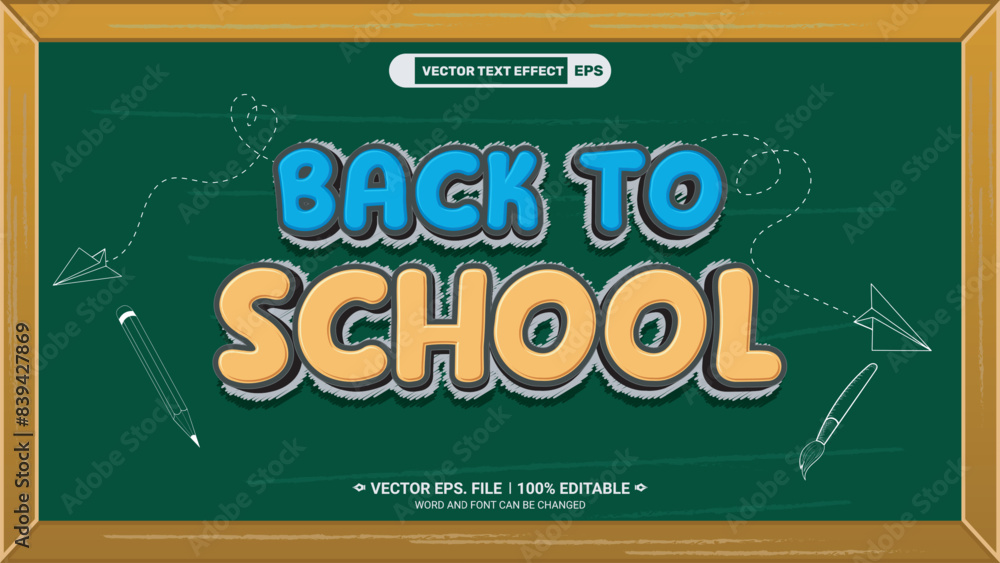 Wall mural modern doodle style back to school 3d editable vector text effect on blackboard