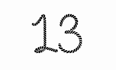 13 Numeric drawing, number Thirteen isolated on white background, rope hand drawn Illustration vector
