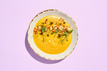 Gourmet Pumpkin Cream Soup with Shrimp Topping - Vibrant Dish on Pastel Background